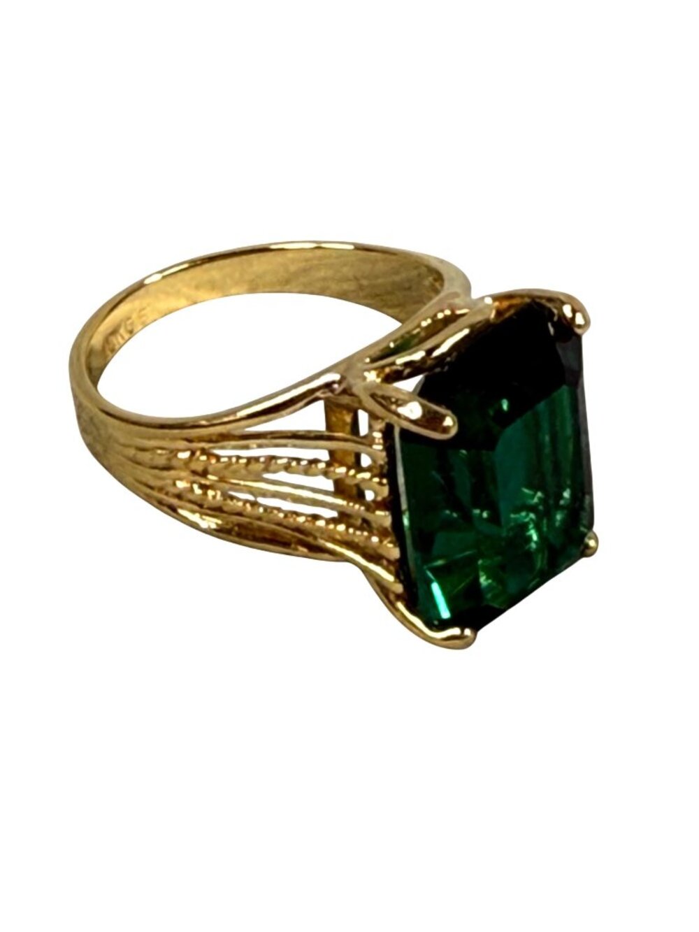Emerald-Cut Green Faux Gemstone Gold-Tone Ring Intricate Band Design Size 9.5